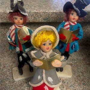 Vintage Woolco Felt Figurine Set 2 Boys and a Girl Caroling. Circa 1950